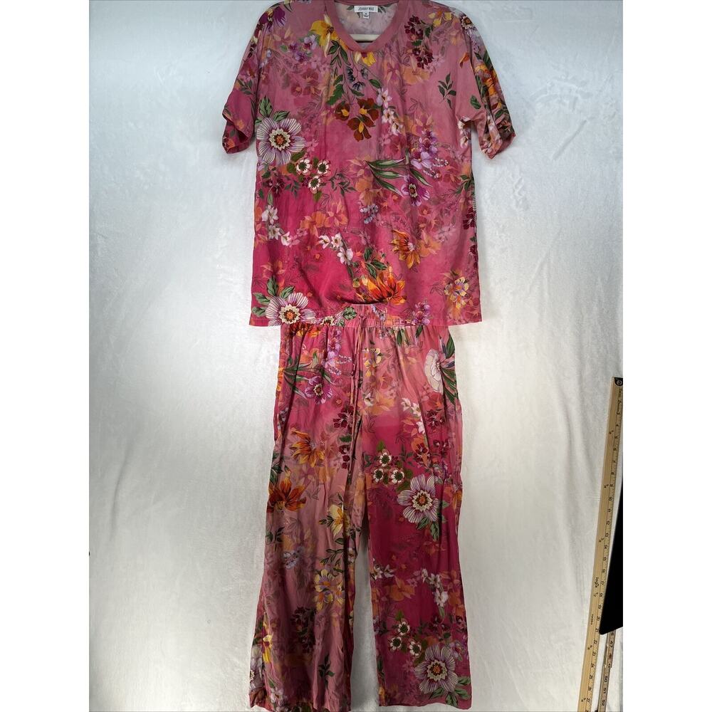 Johnny Was Jailyn Silk Oversized Tee Pajama Set Womens Sz XS Pink